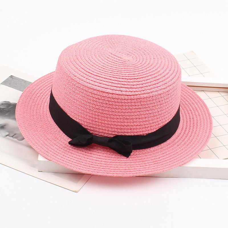Korean Straw Hat - Retro Bow Flat Top Fedora for Spring & Summer Beach Days
