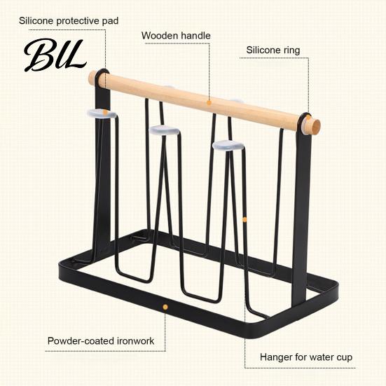 Space-saving Cup Rack Iron Drying with Wood Handle & Drip Tray Baby Bottle Hygienic Dryer Holder Space-Saving Countertop Organizer for Mugs