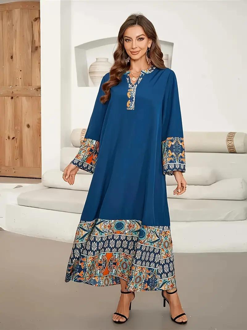 Elegant V-Neck Printed Patchwork Mid-Length Sleeve Dress Cover-Up L