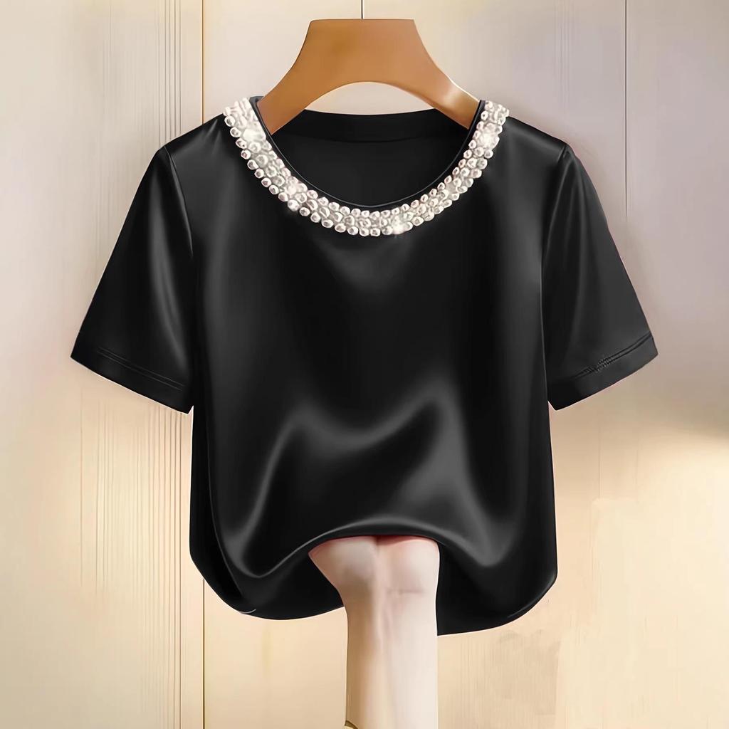 Spring 2026 Women's Beaded Round Neck Satin Chiffon Top