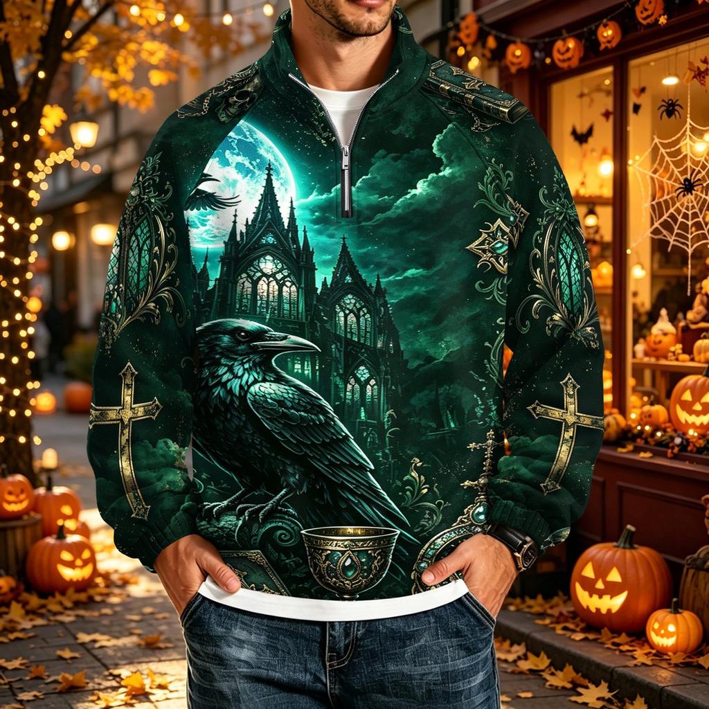Men's Halloween Print Raglan Sweatshirt Loose Fit Stand Collar Casual Top