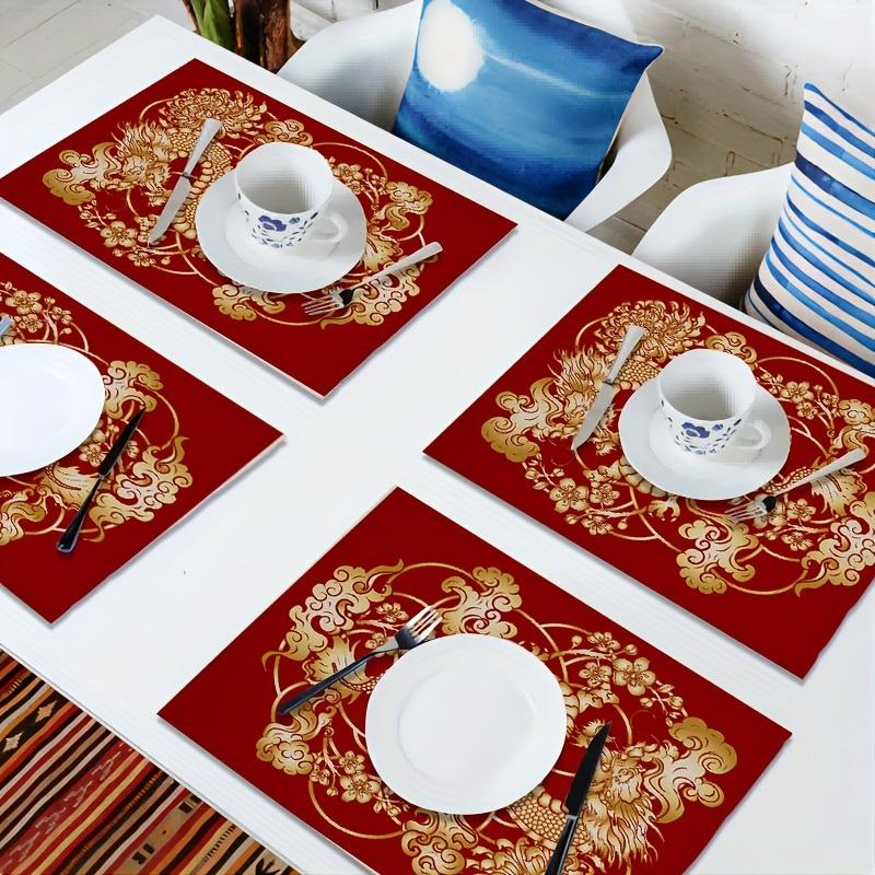 1pc Square Placemats, Chinese Style Red Simple And Elegant Light Luxury Table Pads, Golden Dragon Pattern Table Decoration Mat