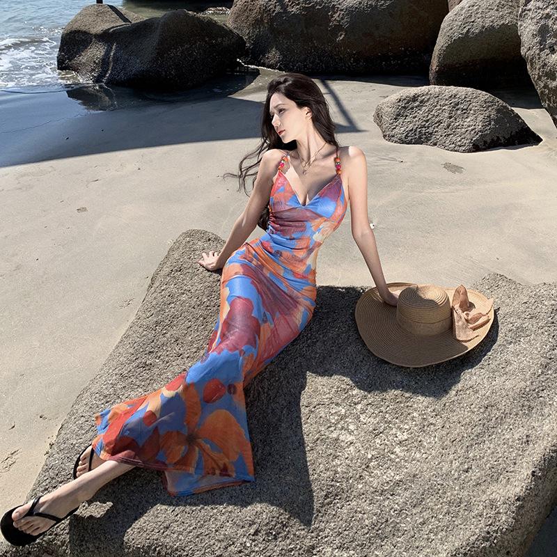 Pure Desire Style Print Slim-fit Hip-wrapped Backless Suspender Dress Women's Bohemian Seaside Vacation Beach Dress