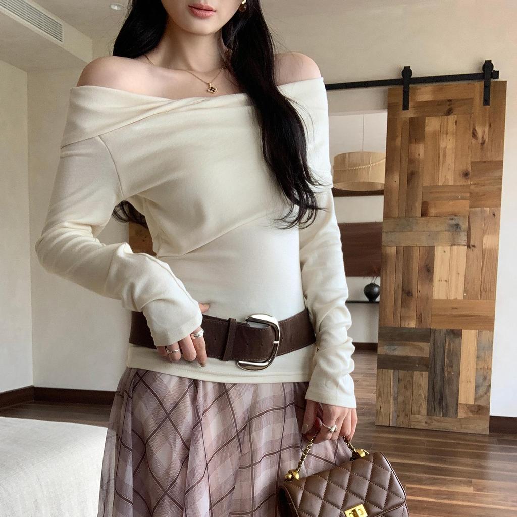 Korean Pure Desire Women's One-Shoulder Slimming Long-Sleeve Top - Autumn/Winter Fashion