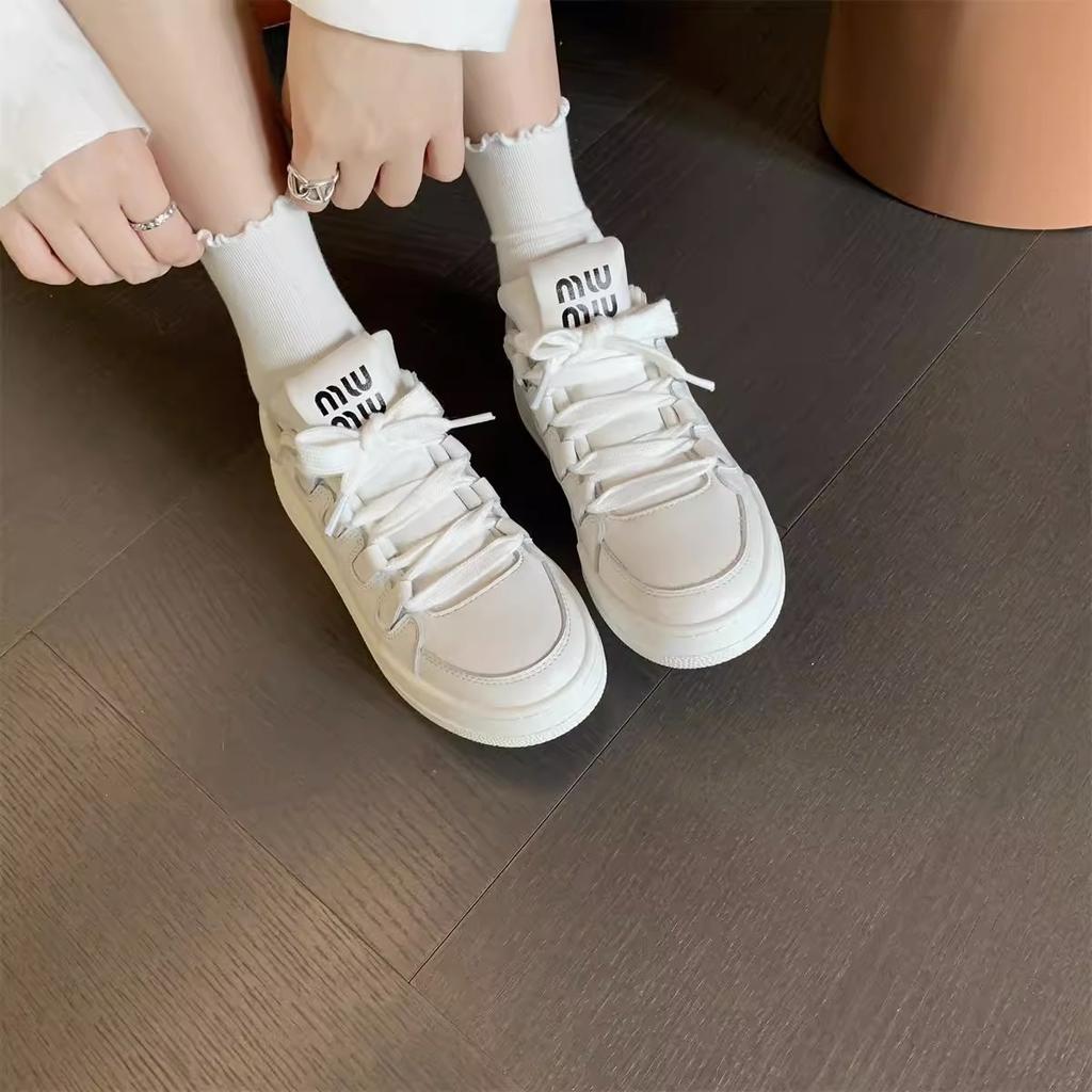 Su Yinyin Has the Same Spot~ Miu Shoes Cowhide Heightening Versatile Board Shoes Women's Shoes Casual Bread Shoes Platform White Shoes