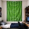 Soccer Pitch: A top-down green striped football pitch with crisp white penalty and center markings, clean stadium turf art, rich, Tapestry