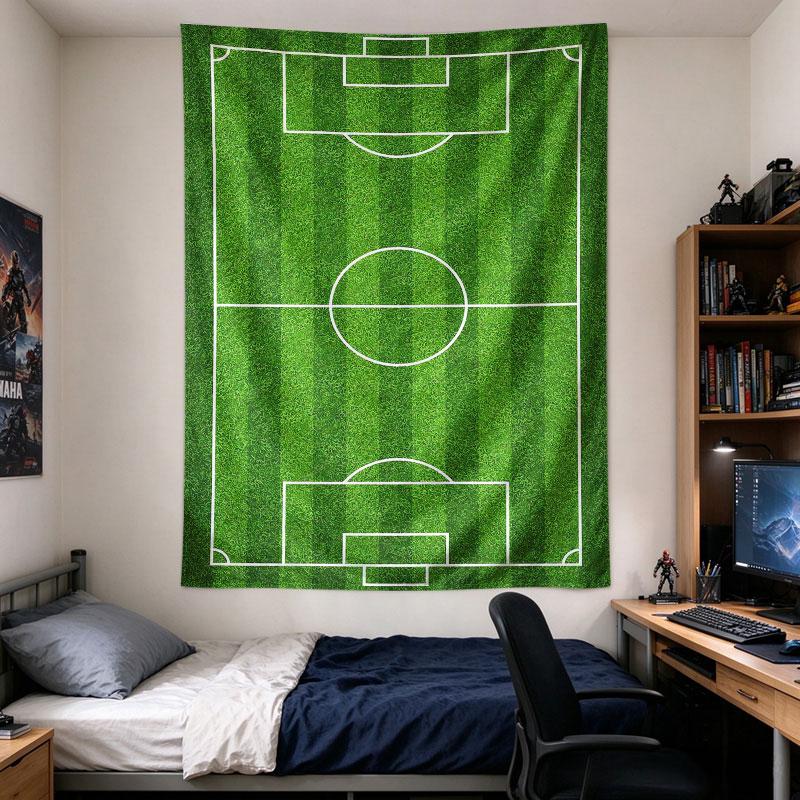 Soccer Pitch: A top-down green striped football pitch with crisp white penalty and center markings, clean stadium turf art, rich, Tapestry