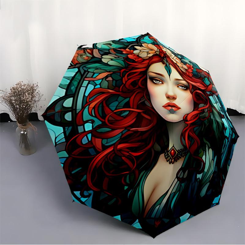 1pz Ombrello Pieghevole Automatico Donna Vetro Colorato, Ombrello Pieghevole Automatico Robusto e Durevole con 8 Stecche, Conveniente per l'Uso all'Aperto147