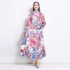 Spring Autumn Women Vintage Print Flower Runway Dresses Plus Size Stand Collar Single Breasted Oversized Loose Long Maxi Holiday Seaside Dress