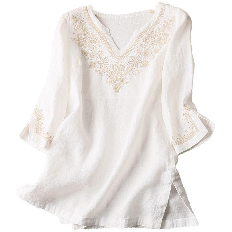 

Рубашка с V-образным вырезом для женщин, изысканная, ручная работа, прочная, с цветочной вышивкой, свободного кроя, средней длины, изогнутым воротником, белая, рукав 7 дюймов 2XL