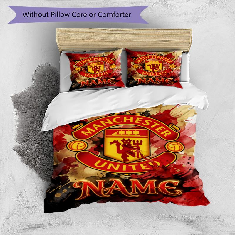 Manchester Football Logo Personalized Name Bedding Set,Breathable Bed Linen for Guest Room Decoration,Perfect Housewarming Gift,All Season Duvet Cover