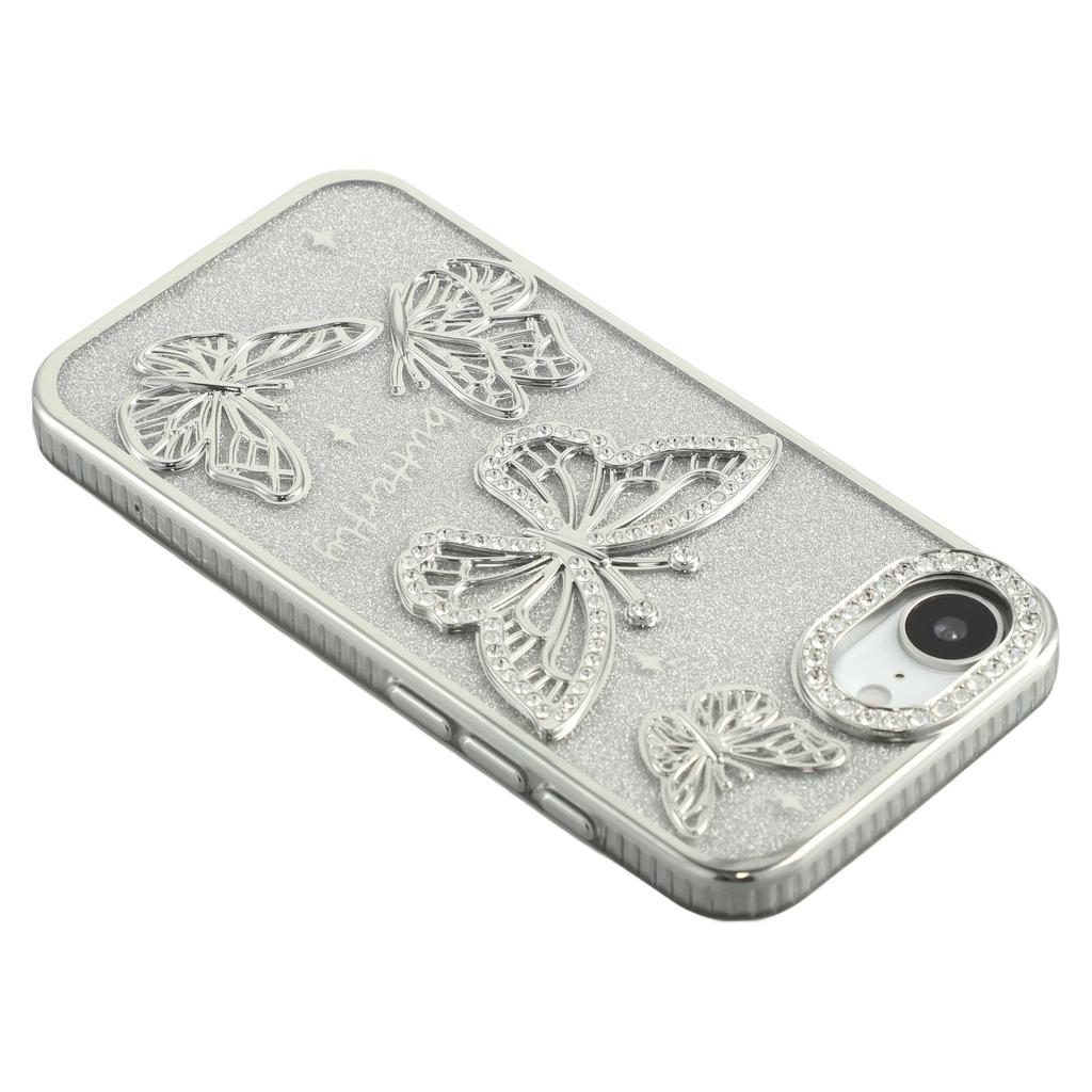 For iPhone 16e Case Rhinestones Decor 3D Butterfly TPU Phone Cover with Glitter Paper