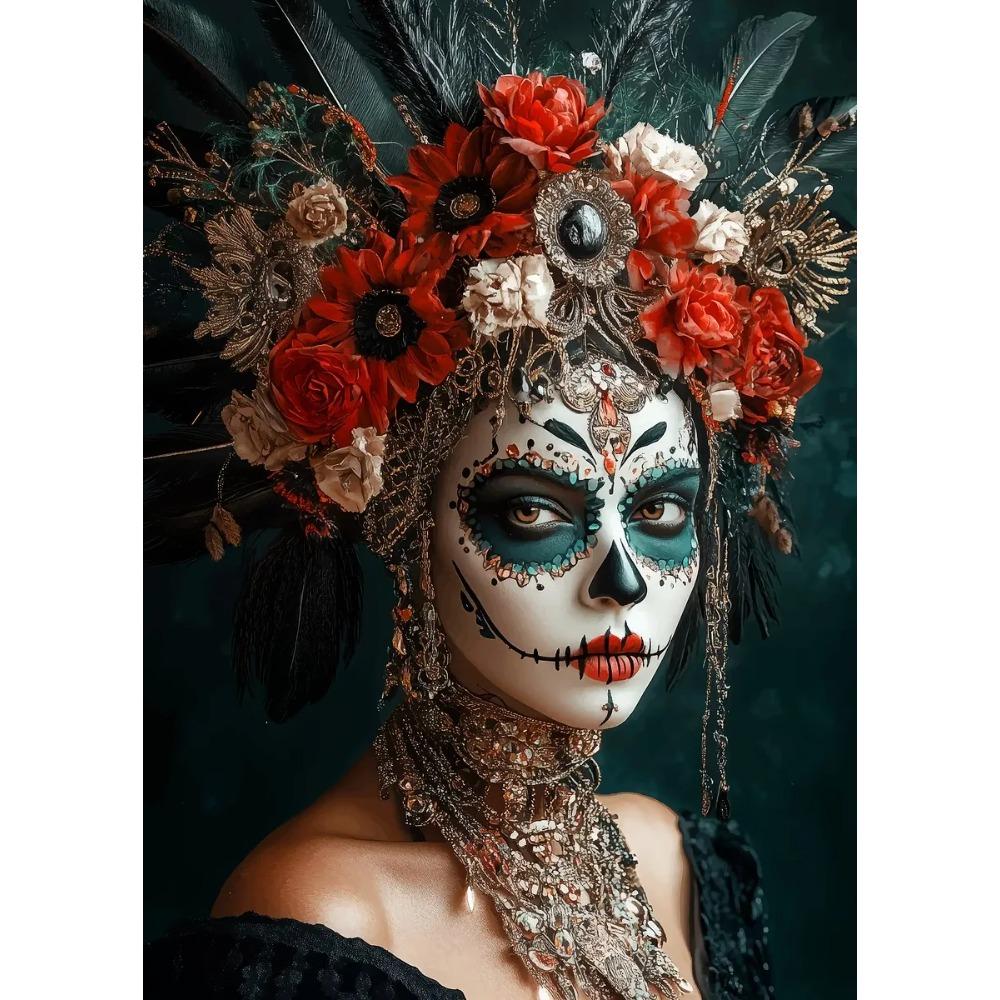 Terrifying Los Muertos Sugarskull Girl with Flowers Posters Day of the Dead Prints Canvas Printing Wall Pictures Home Room Decor