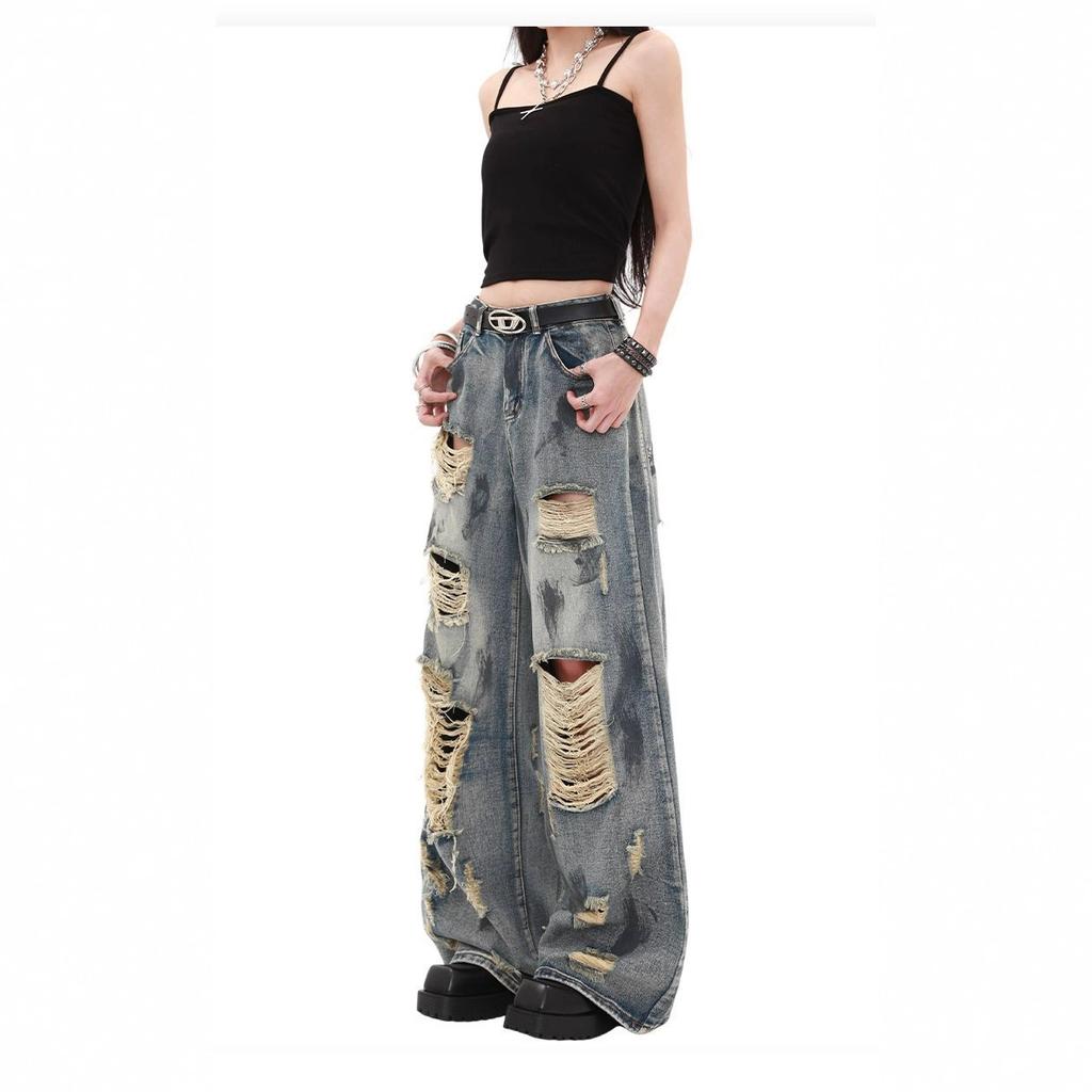 Scrap Wind Tie-Dye Broken Hole Denim Jeans Women Pear-Shaped Body Large Size Loose Straight Draped Wide-Leg Pants Retro Baggy Long Jeans for Ladies