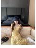 Yellow Strappy Summer Beach Dress: Elegant Ruffled French Style with Puff Sleeves and Cinched Waist
