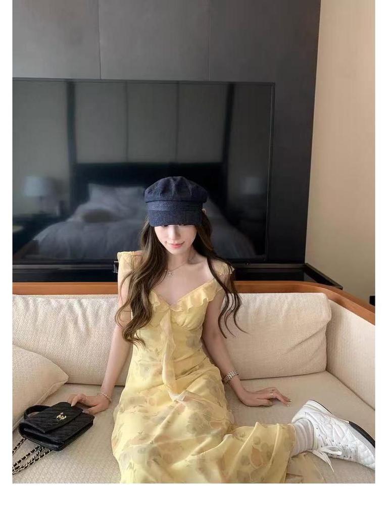 Yellow Strappy Summer Beach Dress: Elegant Ruffled French Style with Puff Sleeves and Cinched Waist