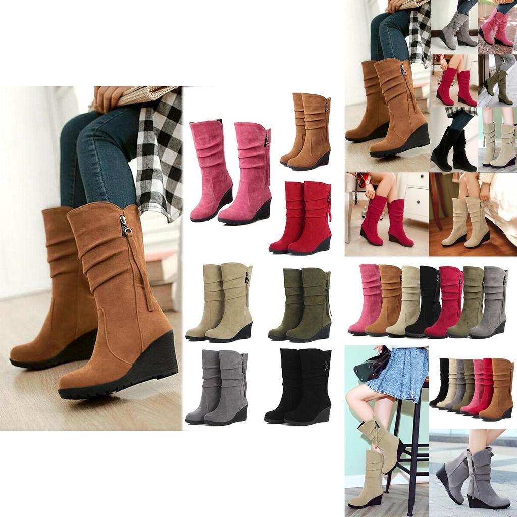Elegant Women High Wedge Zip Up Mid Calf Boots With Cozy And Warm Platform Shoes