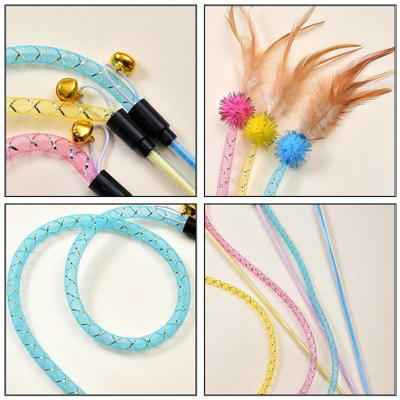 3pcs Mix Feather Teasing Cat Stick Elastic Mesh Tube With Feathered Furry Ball Cat Toy Rod Kitten Interactive Toys Pet Wand