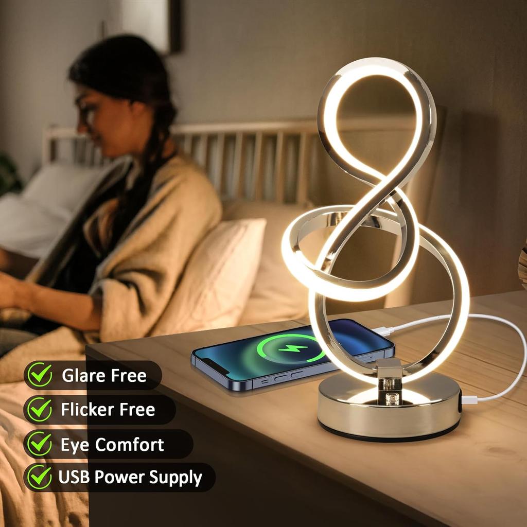 Modern Spiral Table Lamp, 7 Colors 10 Light Modes LED Nightstand Small Lamp with USB C+A Ports, Touch Dimmable Lamps for Living Room Bedroom Bedside,