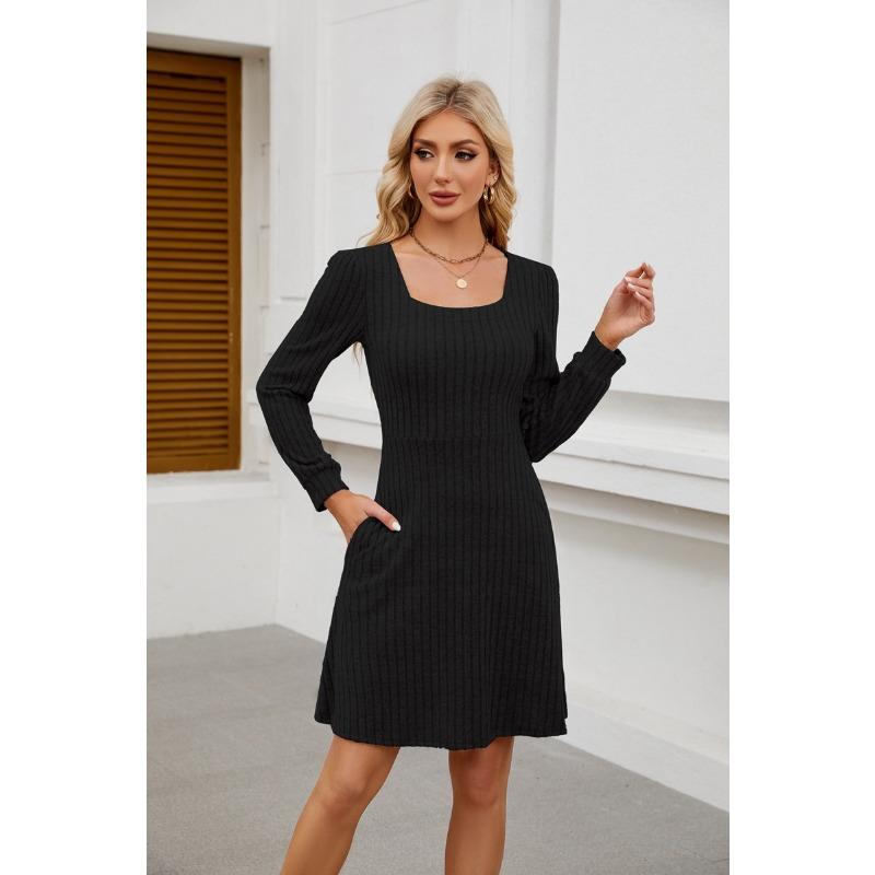 Summer New Product Square Neckline Bag Knitted Sweater Long-sleeved Casual Dress Female YDJR6666