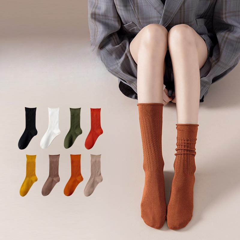 Female Spring and Autumn Pure Cotton Color Roll Edge Loose Breathable Feet Thin Boneless Tube Stack Socks