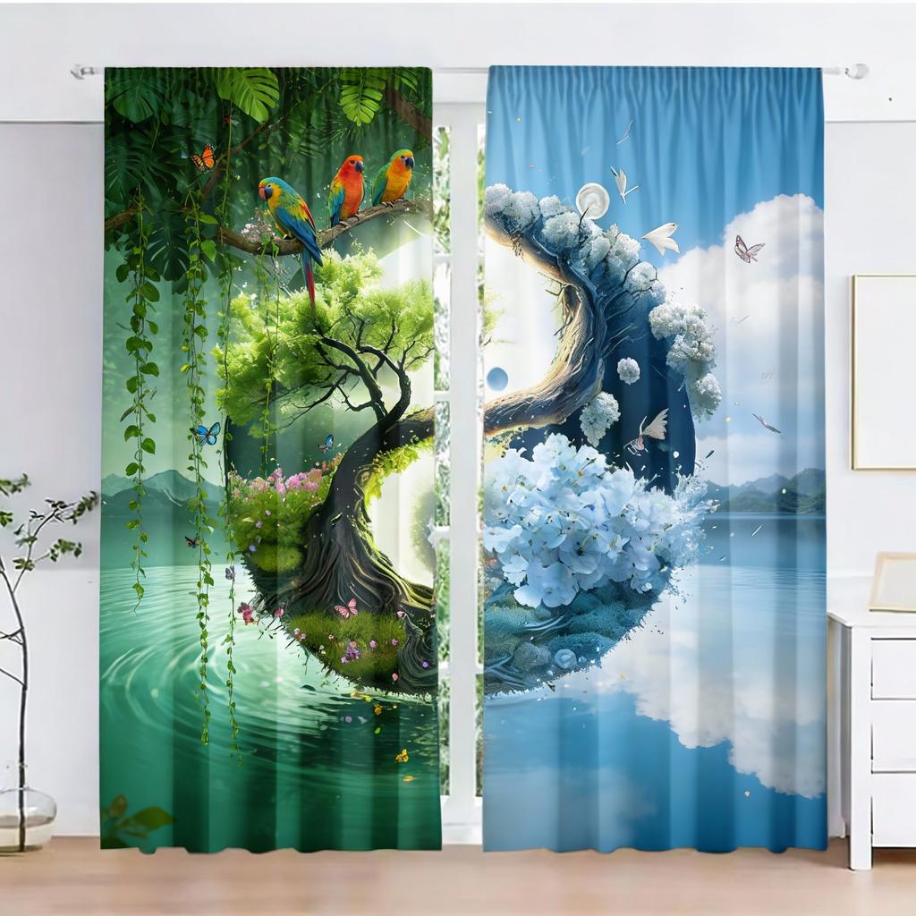 2pcs, Polyester Material, High-definition Digital Printing Two-color Splicing Landscape Pattern Print, Light Filtering Curtain,