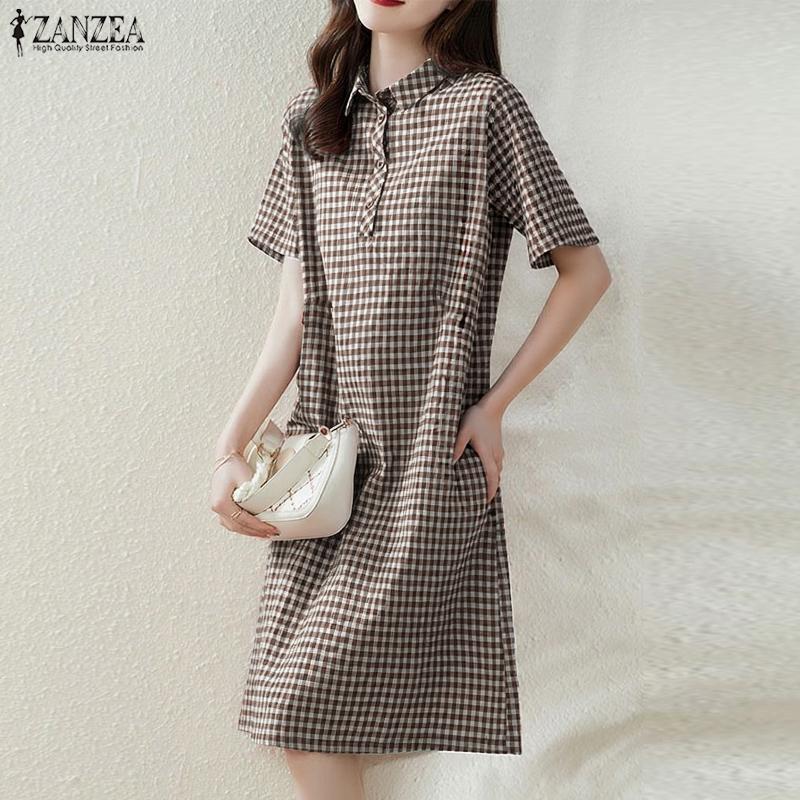 ZANZEA Damska koszula na co dzień z kołnierzykiem z krótkim rękawem, w kratę, luźna, prosta sukienka
