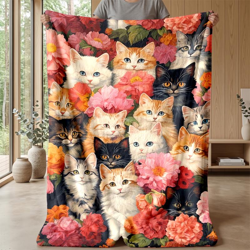 Winter Girl with Kitten Theme Blanket Lightweight Warm Flannel Blanket Decorative Throw Blanket for Home Decoration