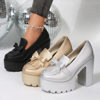 Klobige High Heel Pumps Damen Gold Silber Gothic Plateau Loafers Frau Mode Quasten Dicke Absätze Partyschuhe