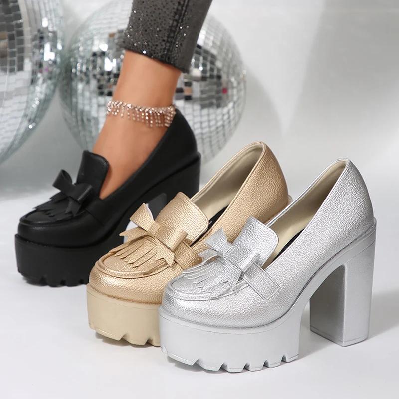 Chunky High Heel Pumps Women Gold Silver Gothic Platform Loafers Woman Fashion Tassels Thick Heeled Party Shoes