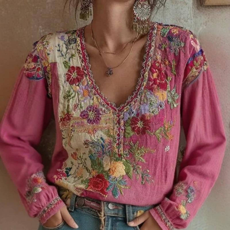 Women V neck lace trim floral embroidery lantern long sleeve loose boho blouse S красный