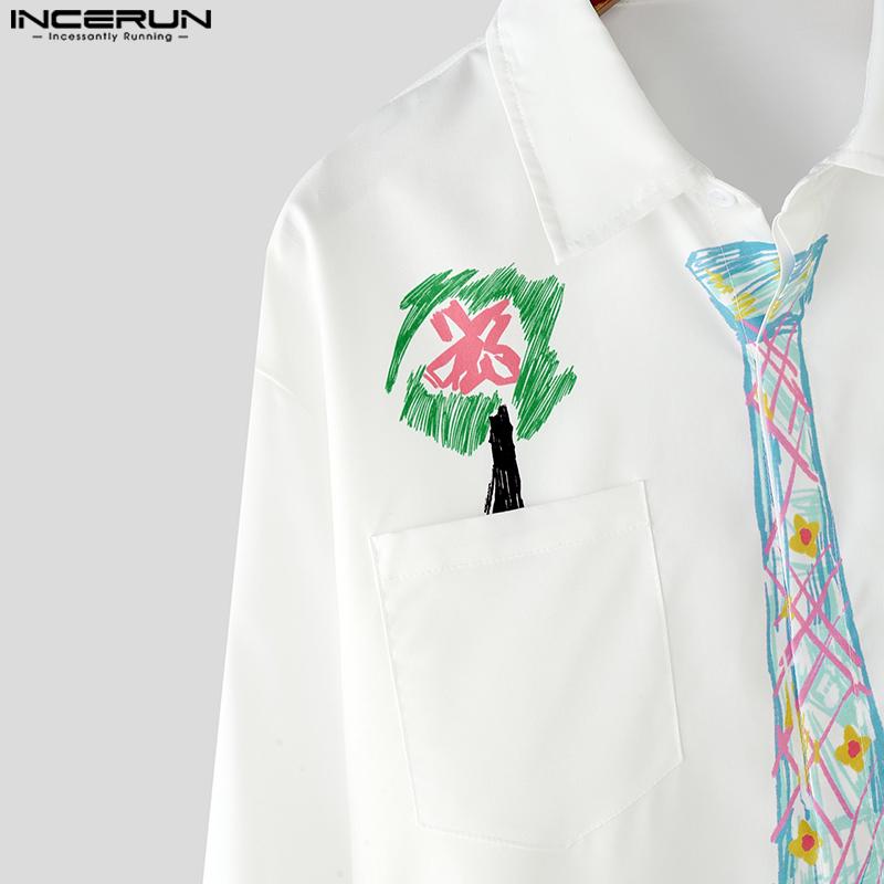 INCERUN Oversized Men Lapel Neck Long Sleeve Floral Print Chest Pockets Casual Shirts