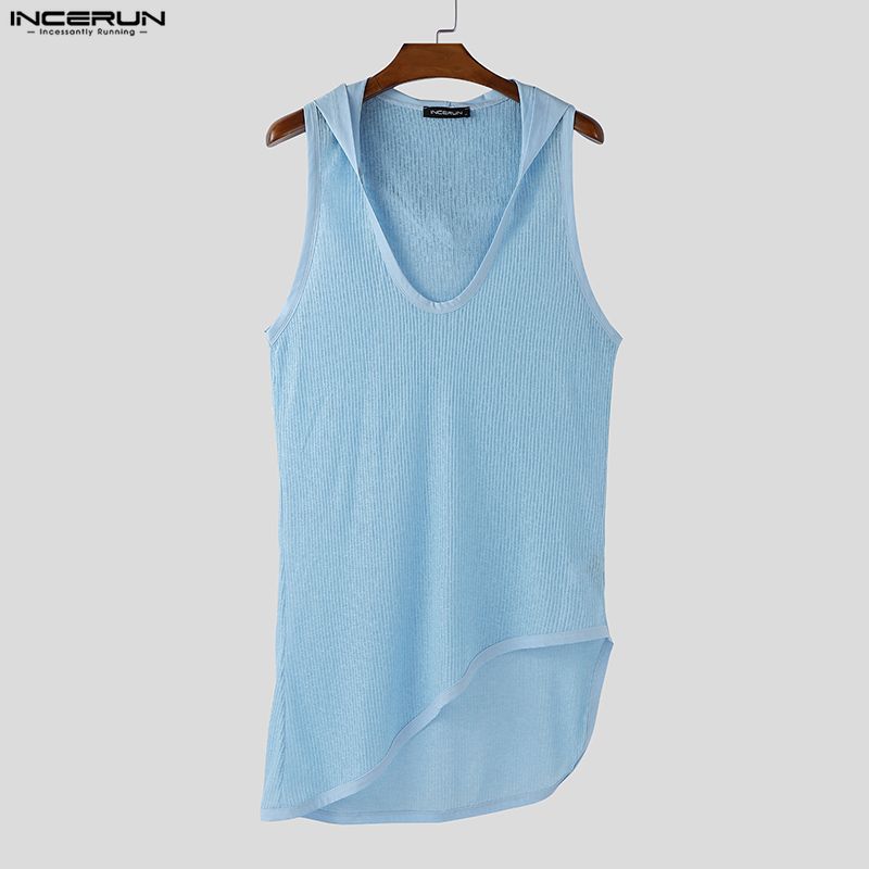 INCERUN Herren ärmellose U-Ausschnitt unregelmäßige dünne Urlaubs-Langarm-Kapuzen-Tanktops