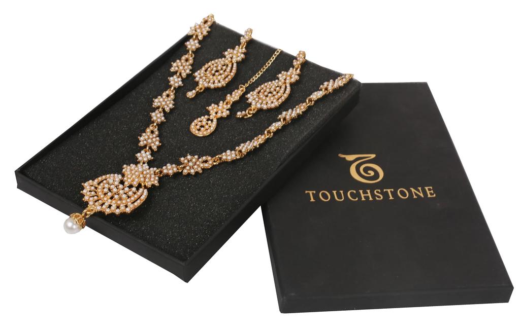 Touchstone Women's Indian Jewelry Set, Maang Tikka Wedding Guest Gold Necklace, Bollywood Jewelry Set, Pageant Elegant Prom Bride Accessory, Western