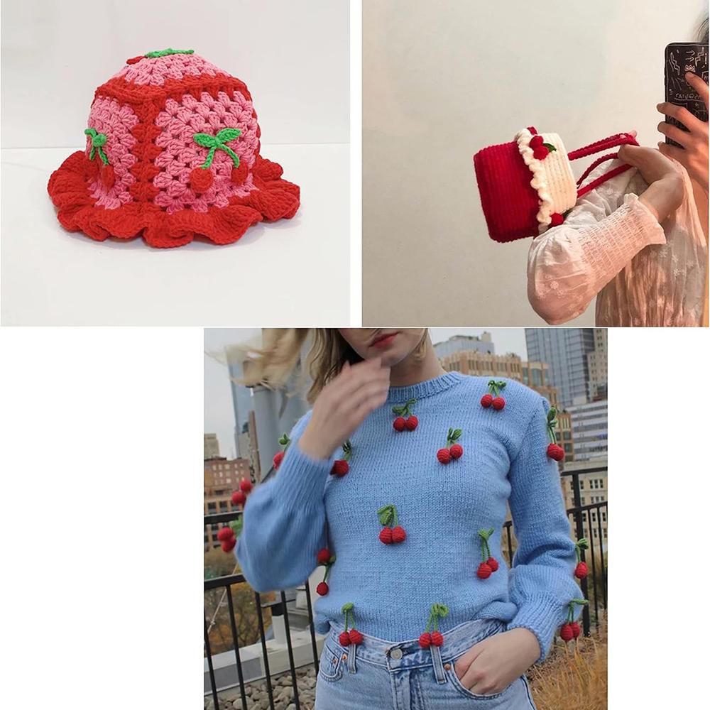 3Pcs/Set Knitting Red Cherry Brooch Hook Weaving Ornaments Fruit Chest Flower Patch Repair Clothing Accessories