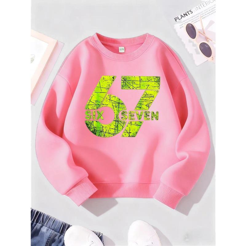 Kids Unisex Crewneck Sweatshirt, Vintage Scratched Neon Green Number 67 Print Pullover, Boys Girls Birthday Sweatshirt For Kids Over 4 Years Old