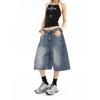 JYL Women's Denim Shorts American Vintage Summer High-Street Loose Washed Cropped Denim