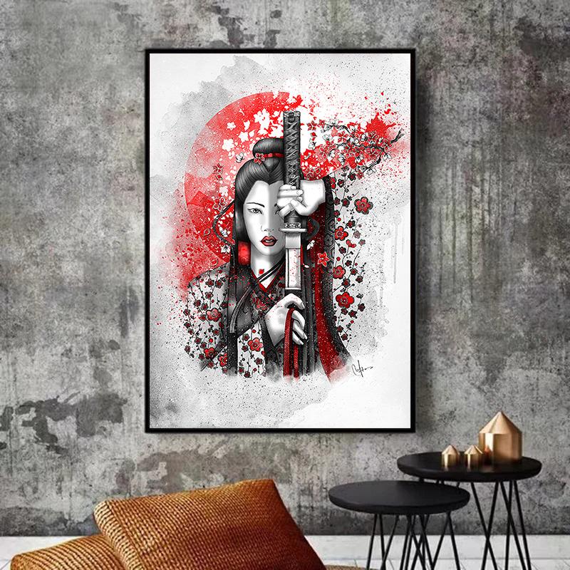 Japanese Zen Ink Painting Art Posters Canvas Paintings Samurai Moon Koi Maid Kanji Wall Art Prints Decoration Kawaii Room Decor