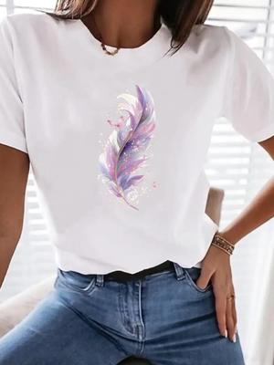 (Asian Size) Feather Trend Woman Top Fashion Women Clothing Short Sleeve T Shirt Female Graphic T-shirts Print Tee