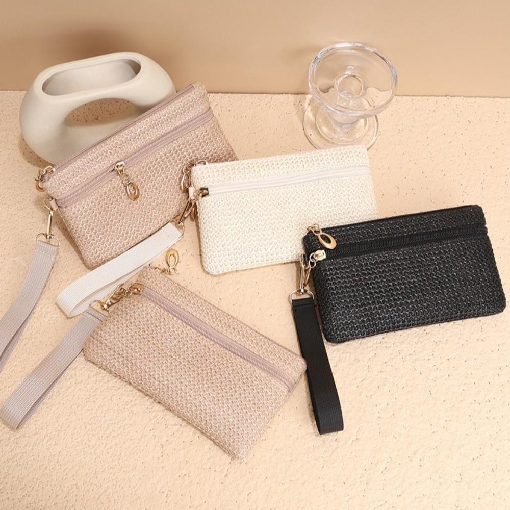 Fashion Double Zipper Straw Wallet Zipper Closure Handmade Mini Wallet Woven Texture Durable Straw Coin Purse For Lady