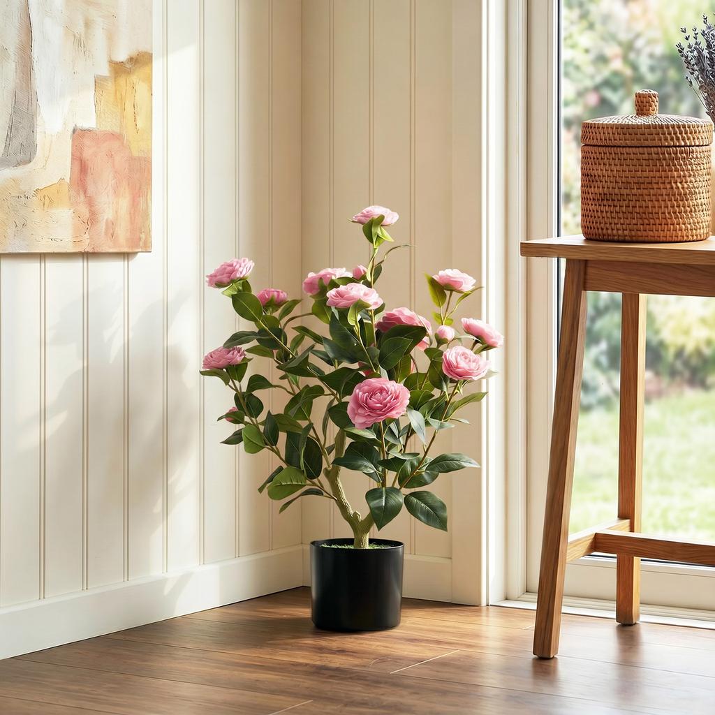 65cm Artificial Camellia Flower Plant In Pot With 116 Lush Leaves And Moss Effect Pink