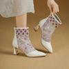 Krazing Pot Cow Skin Pointed Toe Summer Boots Fashion Air Mesh Bling Patch Appliques High Heels Embroidery Ankle Boots