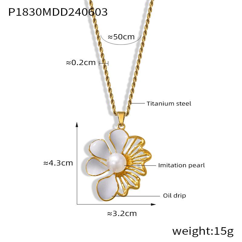 French Vintage Enamel & Mother-of-Pearl Flower Pendant Titanium Steel Necklace