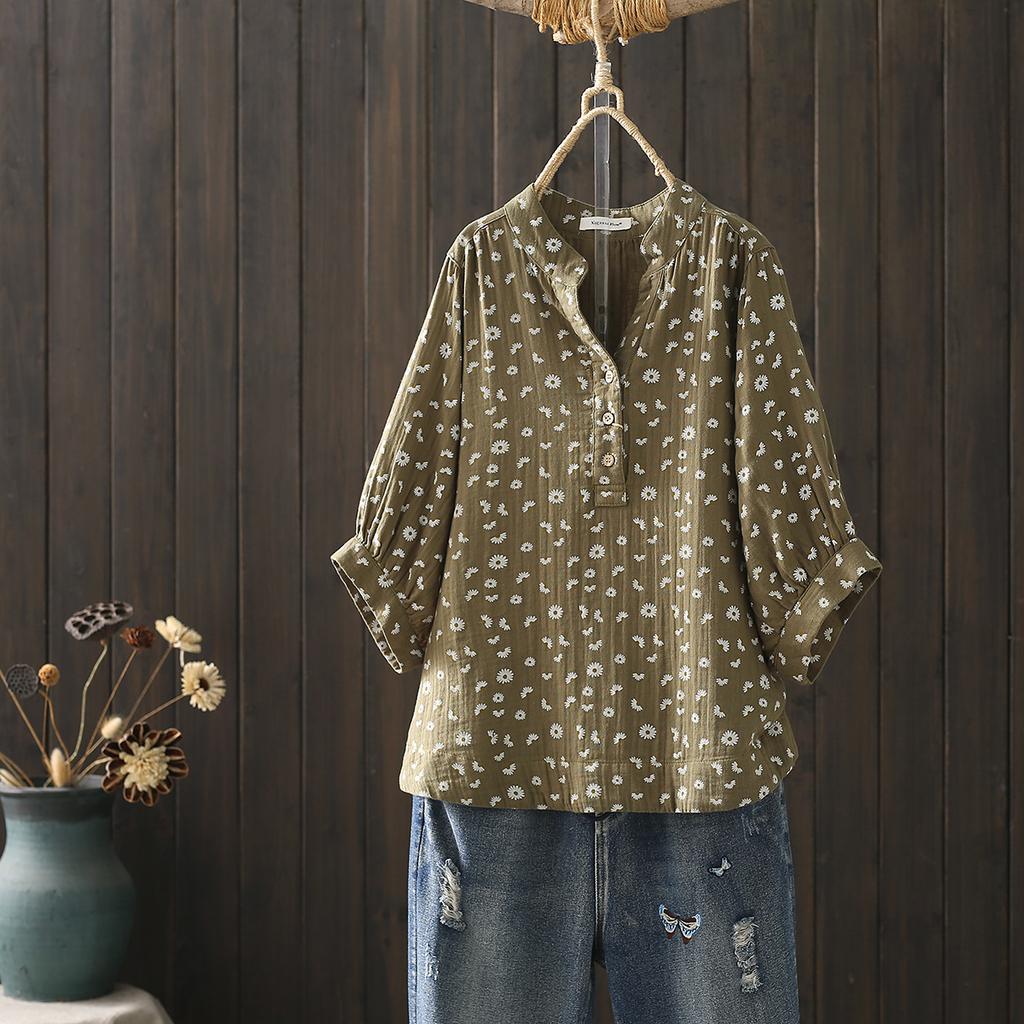 Cotton Yarn Shirts Large Size Tops Women Pastoral Style V Neck Half Sleeve Printed Shirts and Blouses Middle Aged Women