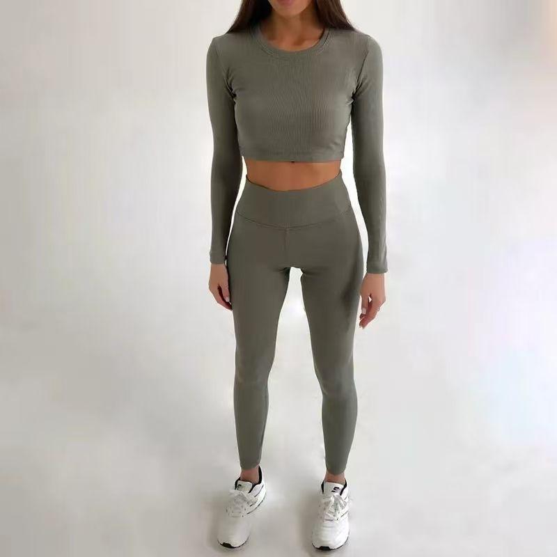 

Western Style Tight Sports Casual Long sleeve Top Trousers Set Slim Fit Top and Pants Set Green M