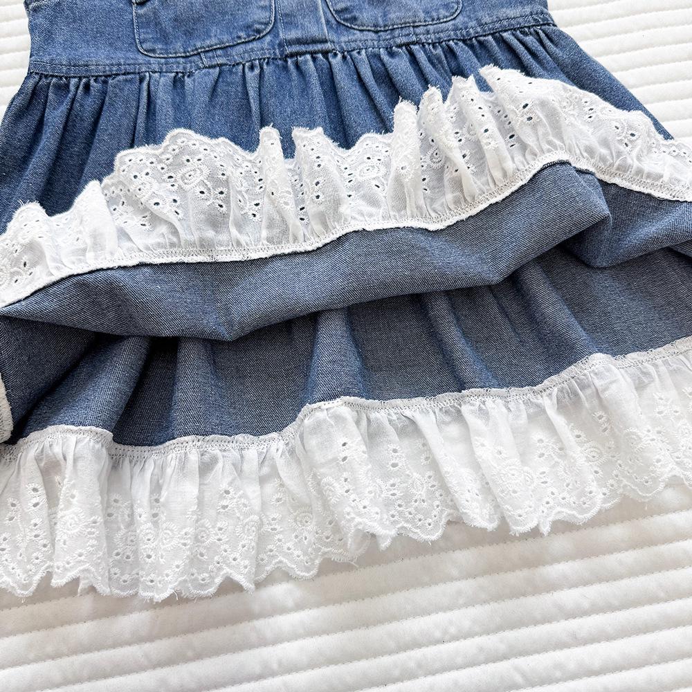 2026 Girls' Lace-Trim Denim Pinafore Dress with Bow and Doll Collar