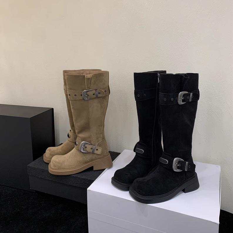 Spice Girl Fashion Tall Fashion Boots Women's 2025 Autumn and Winter New Metal Belt Buckle Square Head Middle Heel Boots