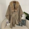 Womens Winter Wool Blend Cape Shawl Cardigan With Faux Fur Collar Loose Fit Oversized Knit Coat