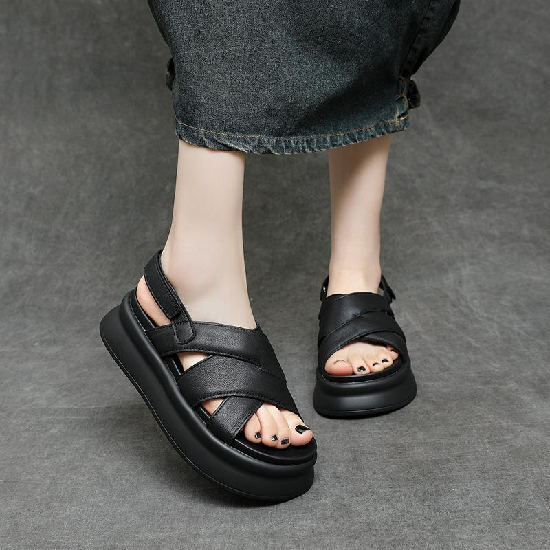 Fashion 5cm Sheepskin Leather Women Sandals Slippers Flats Summer Platform Wedge Flats Mary Jane Shoes Luxury Hook Peep Toe