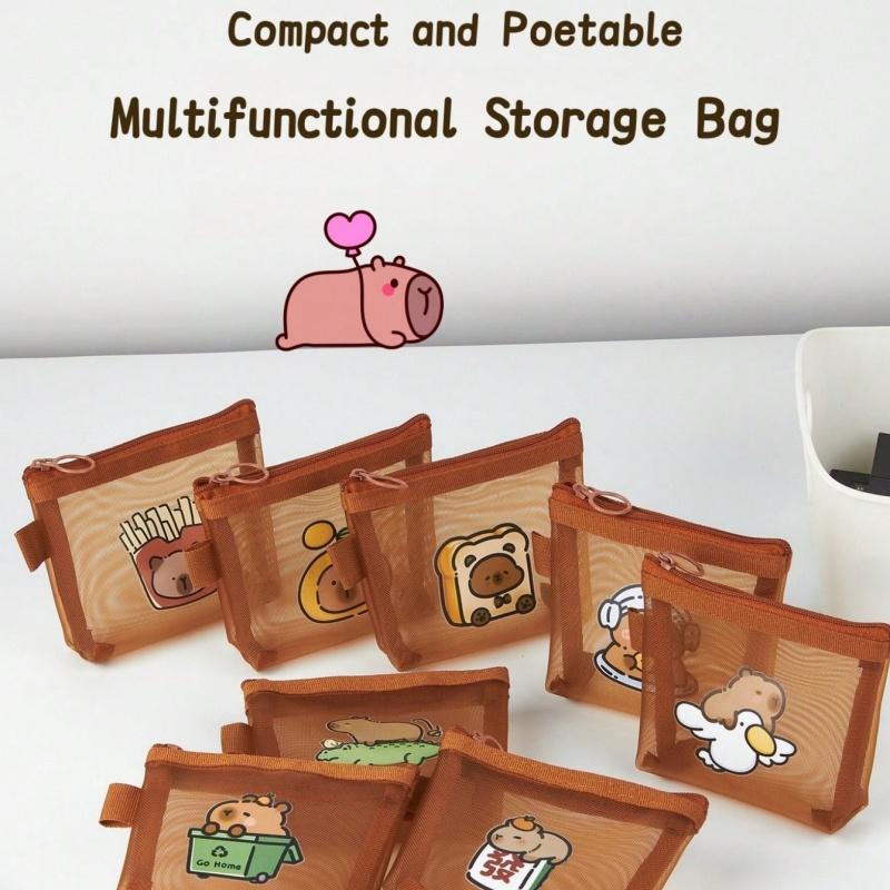 Mini Capybara Mesh Pencil Storage Bag Portable Transparent Pouch for Pens Erasers Cartoon Design Simple Pocket Organizer